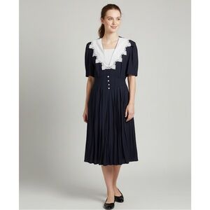 Vintage 90s SL Fashion Black Midi Dress Wide White Lapel Lace Gathered Waist 14